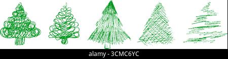 Ensemble de vecteur d'arbre de Noël mignon. Crayon de cire et gribouillis de charbon de bois, pins gribouillés et épicéas semblables à des enfants. Clipart vectoriel de conifères isolés sur blanc Illustration de Vecteur