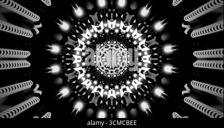Cette œuvre d'art présente un design géométrique envoûtant en noir et blanc avec un effet kaléidoscopique. Le motif rayonne à partir du centre, créant un sen Banque D'Images