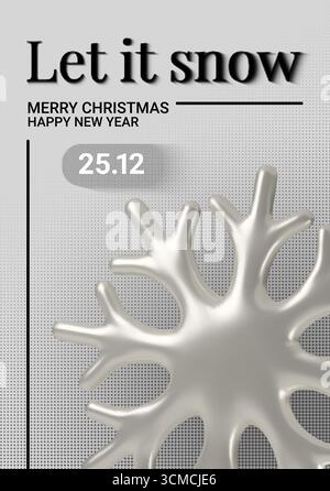 Affiche de Noël minimaliste avec flocon de neige argenté 3D et typographie rétro laissez-le neiger. Design de vacances moderne pour les salutations festives, décoration du nouvel an Illustration de Vecteur