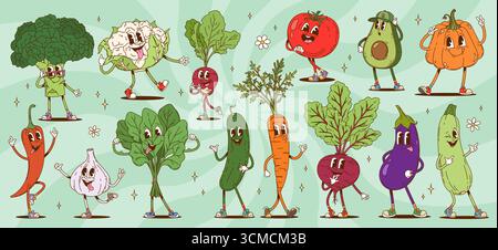 Dessins animés groovy personnages végétaux expressions amusantes. Brocoli, avocat, tomate, carotte, betterave, ail et aubergine. Piment, chou-fleur, épinards et citrouille avec courge mettant l'accent sur la santé Illustration de Vecteur
