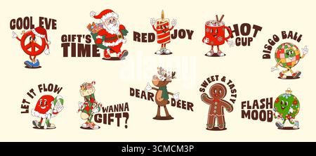 Autocollants groovy hippie Y2K de Noël et du nouvel an avec des personnages de dessins animés, des impressions de t-shirt vectoriel. Autocollants de Noël groovy pour les citations de vacances d'hiver, funky Santa avec des cadeaux du nouvel an et des rennes Illustration de Vecteur