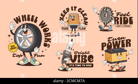 Groovy pièces de rechange de véhicules personnages rétro autocollants et détails de voiture personnages imprimés t-shirt. Autocollants groovy de service automatique de vecteur, roue de dessin animé, pneu et engrenage, bougie d'allumage et caractères de filtre à huile Illustration de Vecteur
