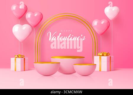 Podium de Saint-Valentin rose 3d avec ballons, coeurs, arche dorée et cadeaux. Socles de vacances vectoriels réalistes sur fond rose. Plates-formes avec dessus en or pour la célébration romantique, présentation festive Illustration de Vecteur