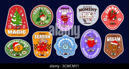 Autocollants d'étiquette groovy de Noël et patchs hippie de Noël pour les vacances d'hiver, vecteur de dessin animé. Autocollants de Noël avec des personnages groovy de flocon de neige joyeux et chocolat chaud funky avec cookie et cadeaux Illustration de Vecteur