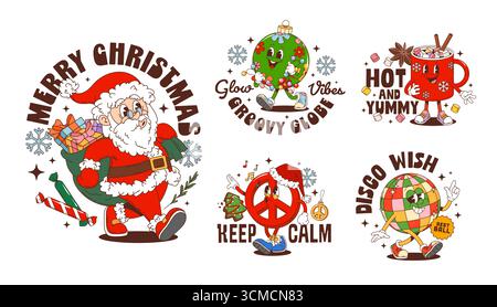 Autocollants drôles de personnages hippie groovy de Noël pour le nouvel an, imprimés de t-shirt vectoriel. Y2K groovy autocollants de Noël avec des cadeaux de Noël et de nouvel an de dessin animé, décoration et citations de vacances d'hiver Illustration de Vecteur