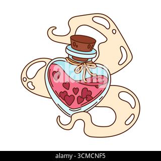 Bouteille de potion d'amour groovy de dessin animé avec verre en forme de coeur, liquide rose et aura magique tourbillonnante. Vector rétro mignon flacon de jour de la Saint-Valentin, symbole de romance, d'enchantement et de douce ambiance émotionnelle y2k Illustration de Vecteur