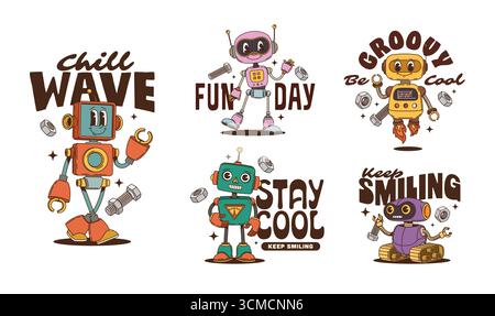 Autocollants drôles de personnages groovy robot et droïdes et t-shirt imprimés. Personnages vectoriels de robot hippie rétro mignons de dessin animé avec des visages d'écran heureux et des antennes. Jeu d'autocollants Groovy Droid bots personnages Illustration de Vecteur