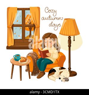 Fille ou femme lisant dans un salon d'automne confortable avec chien. Illustration isolée de vecteur de dessin animé sur fond blanc. Illustration de Vecteur