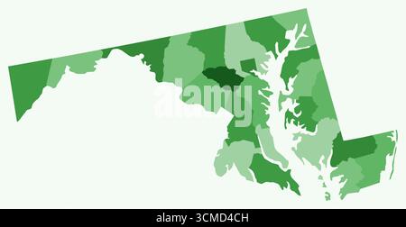 Carte du Maryland avec les comtés. Une simple carte frontière de l'état avec la division du comté. Palette de couleurs vertes. Illustration de Vecteur