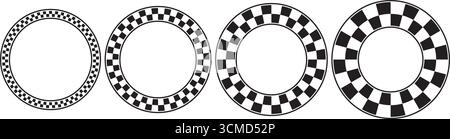 Ensemble de cadres ronds avec imprimé à carreaux noir et blanc et lignes de bordure. Cadres en forme de cercle avec damier, drapeau de course ou avion de jeu d'échecs Illustration de Vecteur
