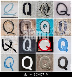 Collection de 16 serif et san serif lettres majuscules Q prises dans les rues urbaines Banque D'Images