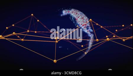 Affichage du réseau connectant des nœuds dorés avec des lignes fines dans l'espace virtuel, avec globe pixélisé Banque D'Images