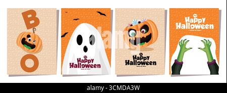 Collection de cartes vectorielles d'Halloween avec citrouilles de dessin animé, fantôme effrayant, mains de sorcière, chauves-souris et bonbons. Une illustration festive parfaite pour saluer CA Illustration de Vecteur