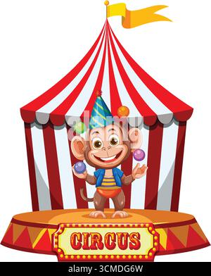 Singe de dessin animé dans le chapeau de fête jonglant avec des boules colorées sur la scène de cirque avec toile de fond de tente rayée. Illustration de Vecteur