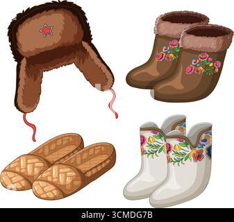 Vecteur de dessin animé de chapeau ushanka russe, valenki, chaussures de bast, et bottes en feutre floral. Illustration de Vecteur