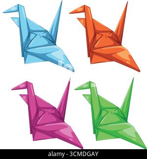 Quatre grues en origami éclatantes en bleu, orange, rose et vert, isolées sur fond blanc Illustration de Vecteur