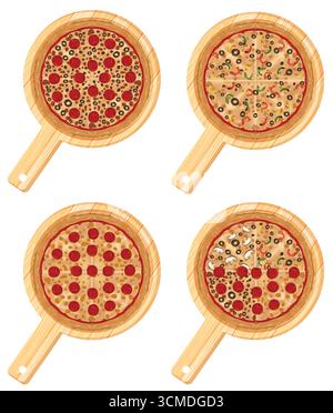 Illustration vectorielle top-down de quatre pizzas assorties avec des garnitures vibrantes sur des planches de service en bois rondes. Illustration de Vecteur