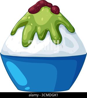 Illustration vectorielle de dessert de glace rasée dans un bol bleu avec sirop de matcha et haricot rouge Illustration de Vecteur