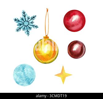 Un ensemble de jouets et d'éléments aquarelle du nouvel an pour la conception festive et du nouvel an des produits imprimés. Banque D'Images