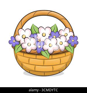 Panier de dessin animé mignon plein de fleurs. Panier d'illustration vectorielle avec des fleurs blanches et violettes sur un fond blanc. Illustration de Vecteur