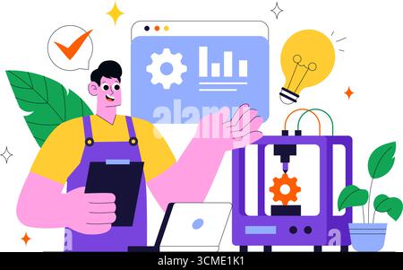 Atelier d'impression 3D illustration vectorielle présentant un processus de fabrication innovant avec équipement de modélisation de bureau et ordinateur pour l'impression Illustration de Vecteur