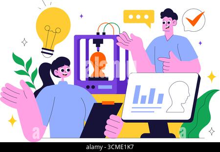 Atelier d'impression 3D illustration vectorielle présentant un processus de fabrication innovant avec équipement de modélisation de bureau et ordinateur pour l'impression Illustration de Vecteur