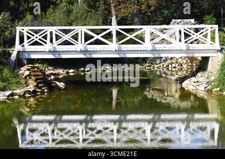 Pont en bois sur l'étang dans le parc du palais de Festetics, Keszthely Banque D'Images