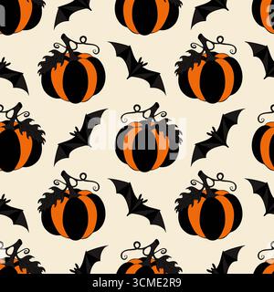 Motif avec des citrouilles d'Halloween rayées en orange et gris foncé et silhouettes de chauve-souris. Sur fond beige. Illustration vectorielle Illustration de Vecteur
