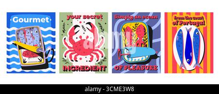 La sardine peut rétro affiches avec des fruits de mer - poissons, crabe et calmars dans des designs d'emballage vintage colorés pour les produits gastronomiques. Créatures océaniques sur des motifs de vagues rayés. Fruits de mer d'inspiration portugaise Illustration de Vecteur