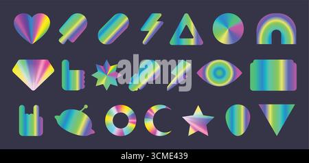Ensemble d'autocollants holographiques Y2K avec des formes dégradées irisées pour des designs rétro - coeur et arc, diamant, étoile et icônes géométriques. Couleurs fluo éclatantes avec finition métallique pour une esthétique nostalgique. Illustration de Vecteur