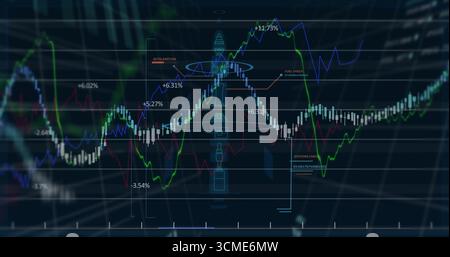 Affichage écran de trading montrant des barres de chandelier avec diagramme de fusée et graphiques linéaires sur la grille Banque D'Images