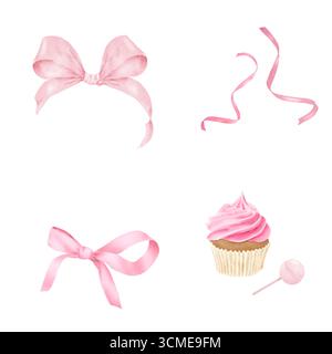 Noeud rose, tarte à la crème et sucette. Illustration numérique aquarelle. Set, le concept d'une fille avec des arcs et des bonbons, est isolé sur un fond blanc. Banque D'Images