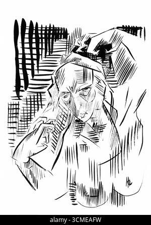 Sketchbook 19 femme par Arnold Peter Weisz Kubincan - dessin du début du XXe siècle, étude des femmes, art expressionniste hongrois Banque D'Images