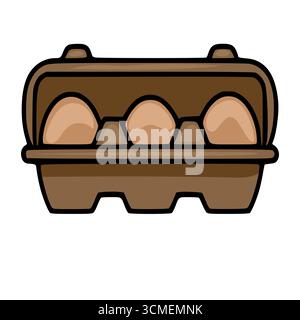 Une illustration vectorielle d'un carton d'oeufs bruns de style dessin animé avec trois oeufs brun clair à l'intérieur, avec un contour simple et audacieux et un ombrage plat. Illustration de Vecteur