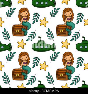 Modèle vectoriel sans couture avec des sirènes mignonnes assis sur des coffres au trésor, des sous-marins, des étoiles et des feuilles sur un fond blanc, parfait pour le textile des enfants Illustration de Vecteur