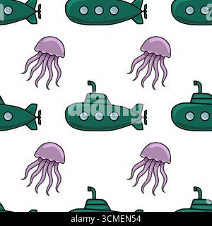 Motif vectoriel sans couture avec des sous-marins sarcelle fantaisistes et des méduses de lavande, créant une scène d'aventure sous-marine ludique. Illustration de Vecteur