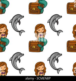 Modèle vectoriel sans couture avec des sirènes de dessin animé adorables avec des cheveux bruns, des queues sarcelle, assis sur des coffres au trésor en bois et des dauphins gris ludiques Illustration de Vecteur