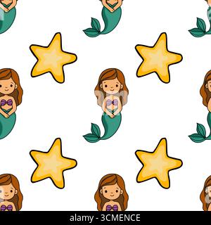 Modèle vectoriel sans couture avec des sirènes de dessin animé adorables avec des queues sarcelle et étoile de mer dorée sur un fond blanc, parfait pour le textile pour enfants Illustration de Vecteur