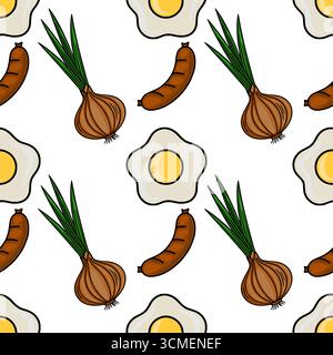 Un motif vectoriel joyeux sans couture avec des œufs frits, des saucisses et des oignons, idéal pour les conceptions sur le thème de la cuisine ou les projets liés au petit-déjeuner. Illustration de Vecteur