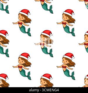 Modèle vectoriel sans couture de jolies sirènes de dessin animé portant des chapeaux de Père Noël, parfait pour les conceptions sur le thème de Noël et les arrière-plans festifs. Illustration de Vecteur