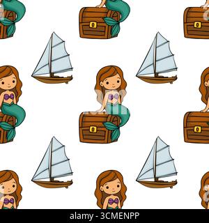 Modèle vectoriel sans couture avec d'adorables sirènes de dessin animé assis sur des coffres au trésor en bois, à côté de charmantes illustrations de voilier, créant un w Illustration de Vecteur
