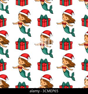 Modèle vectoriel sans couture avec de charmantes sirènes de Noël dans des chapeaux de Père Noël et des cadeaux rouges festifs, créant un design de vacances sous-marines fantaisiste. Illustration de Vecteur