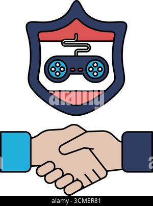 Une poignée de main entre deux personnes avec une manette de jeu vidéo au milieu. La manette est une manette Nintendo Wii Illustration de Vecteur