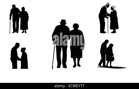 Silhouette Collection de couples âgés marchant et tenant la main – vieil homme avec femme illustration vectorielle Illustration de Vecteur