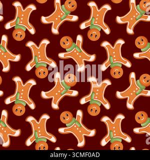 Modèle de vacances sans couture avec homme en pain d'épice dans le style de bande dessinée. Conception mignonne pour fond de Noël, papier d'emballage. Illustration de Vecteur