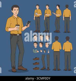 Titre : Kit de construction de personnage d'homme d'affaires : vues avant, latérales, arrière pour l'animation Illustration de Vecteur
