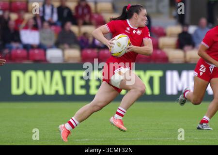 York, Angleterre, 23 août 2025. Alysha Corrigan joue pour le Canada contre les Fidji dans la Coupe du monde de rugby féminin au stade communautaire York. Crédit : Colin Edwards Banque D'Images