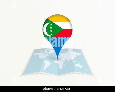 Épingle de la carte Comores avec drapeau national sur la carte du monde ouvert. Parfait pour une utilisation dans les guides de voyage, le contenu géographique, les concepts de positionnement global et internatio Illustration de Vecteur