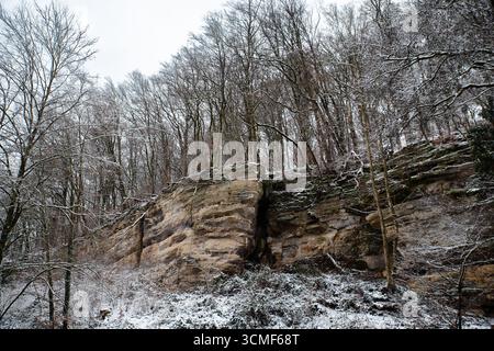 Forêt à la cascade de Scheissendempel couverte de neige, Mullerthal Trail à Waldbillig, Luxembourg en hiver Banque D'Images