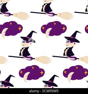 Snake in Witch Hat volant sur Broomstick dans les nuages avec Crescent Moon Seamless Pattern Halloween fond. Illustration vectorielle isolée Halloween Greetings cartes thématiques Backdrop Party invite bannières, tag Illustration de Vecteur